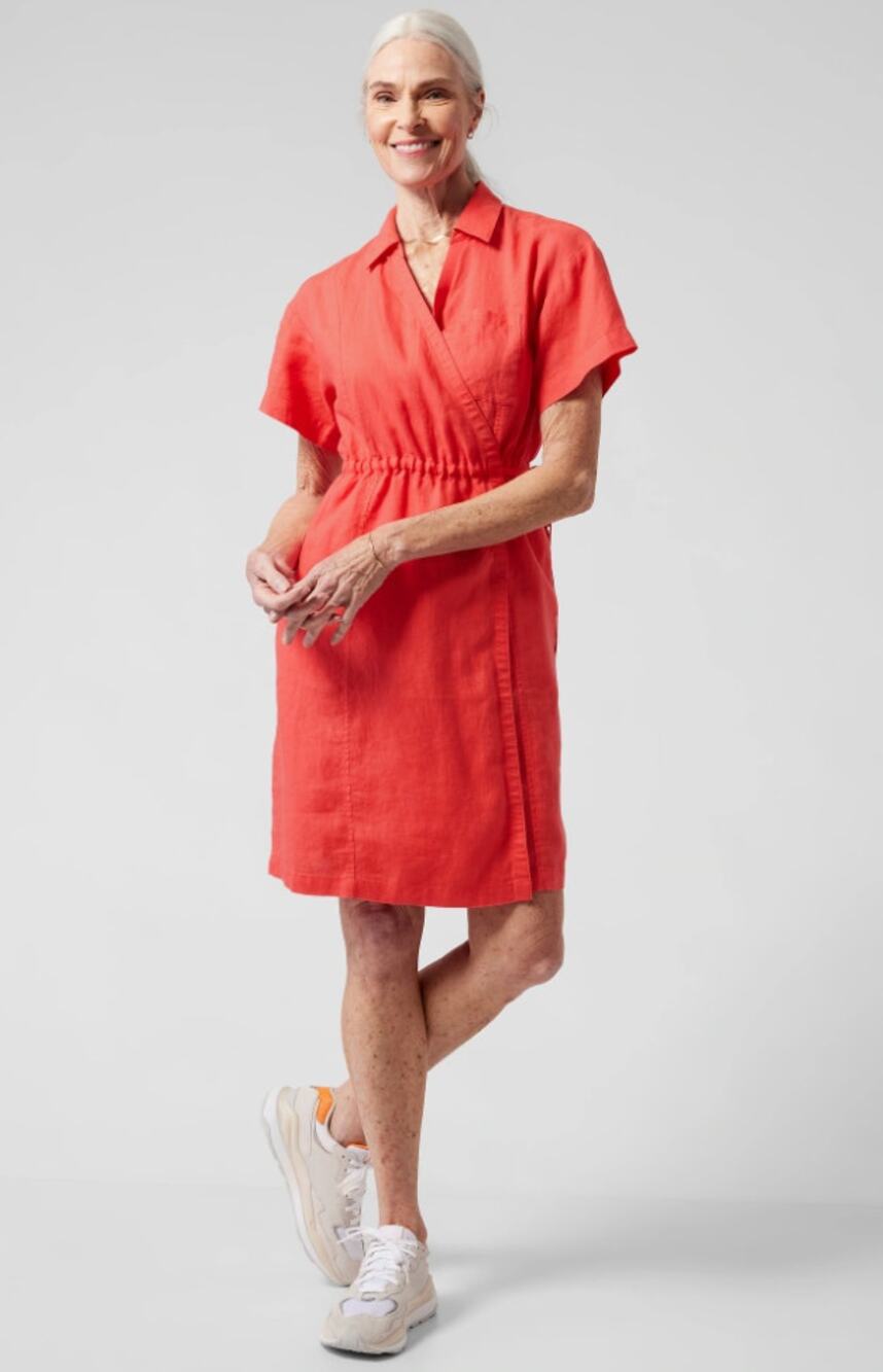 ATHLETA NWT Playa 100% Linen Short Sleeve Wrap Dress in Passionfruit Coral // 8